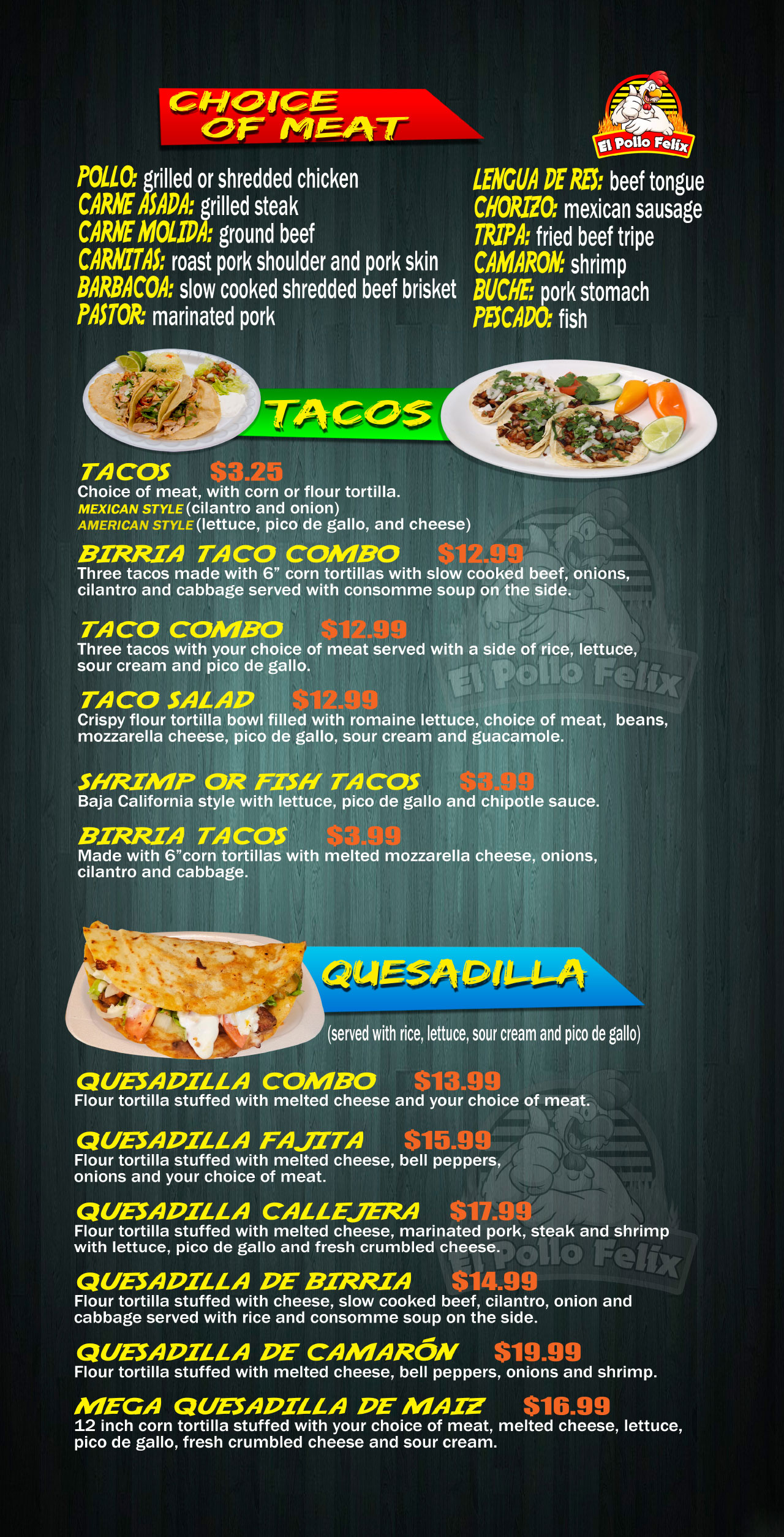 El Pollo Felix menu tacos, quesadillas
