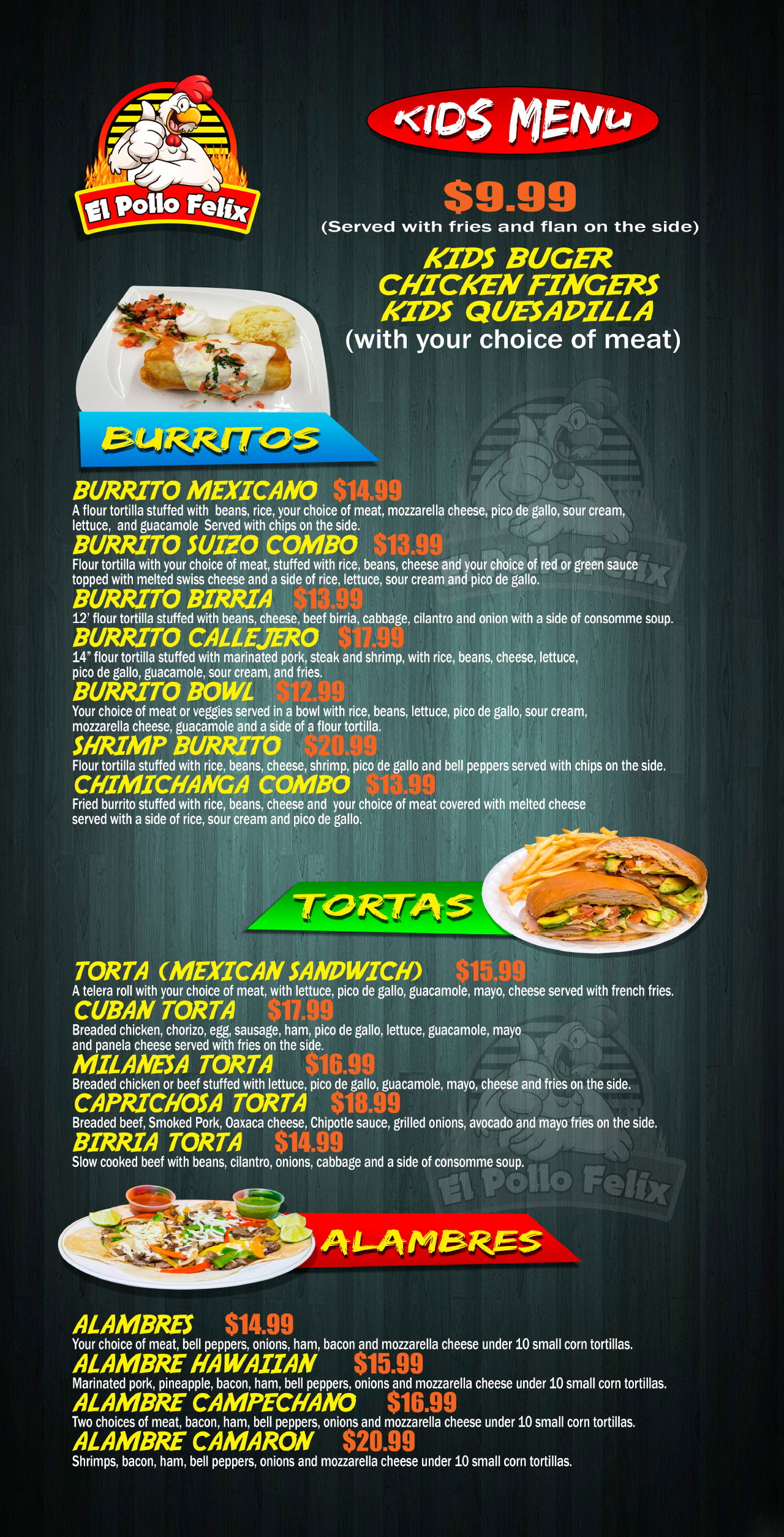 El Pollo Felix menu kids, burritos, tortas, alambres
