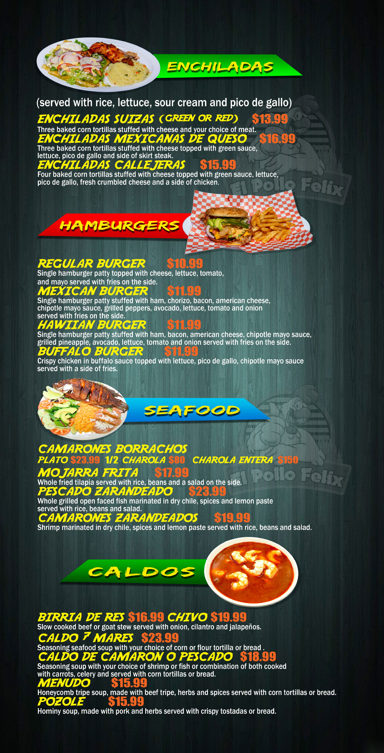 El Pollo Felix menu enchiladas, hamburgers, caldos